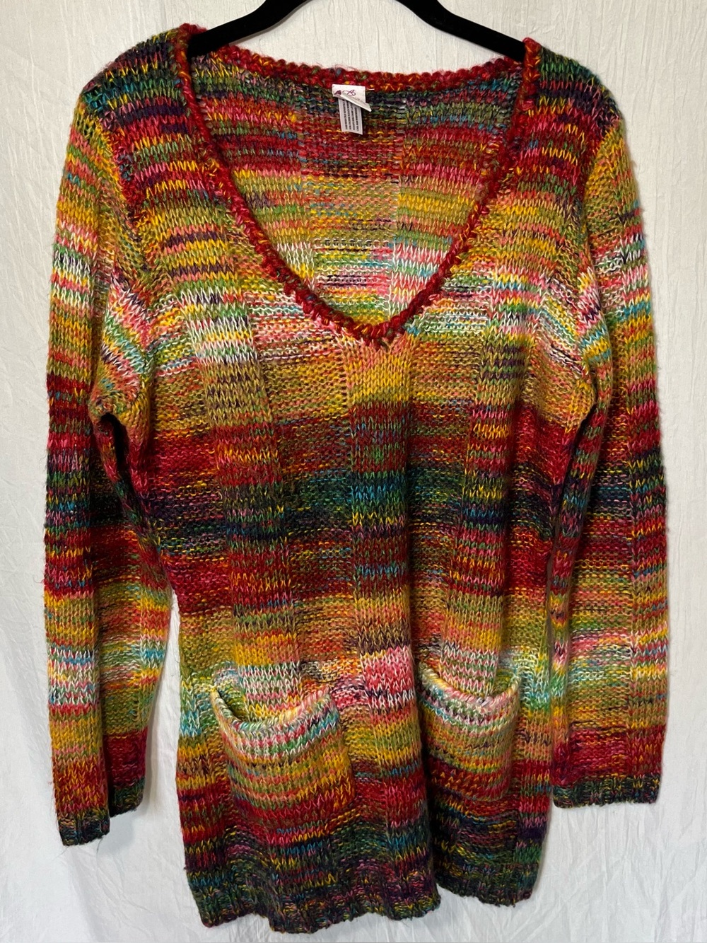 Y2K Bobbie Brooks V Neck Knit Sweater W/ Pockets sz M colorful tunic Boho Indie